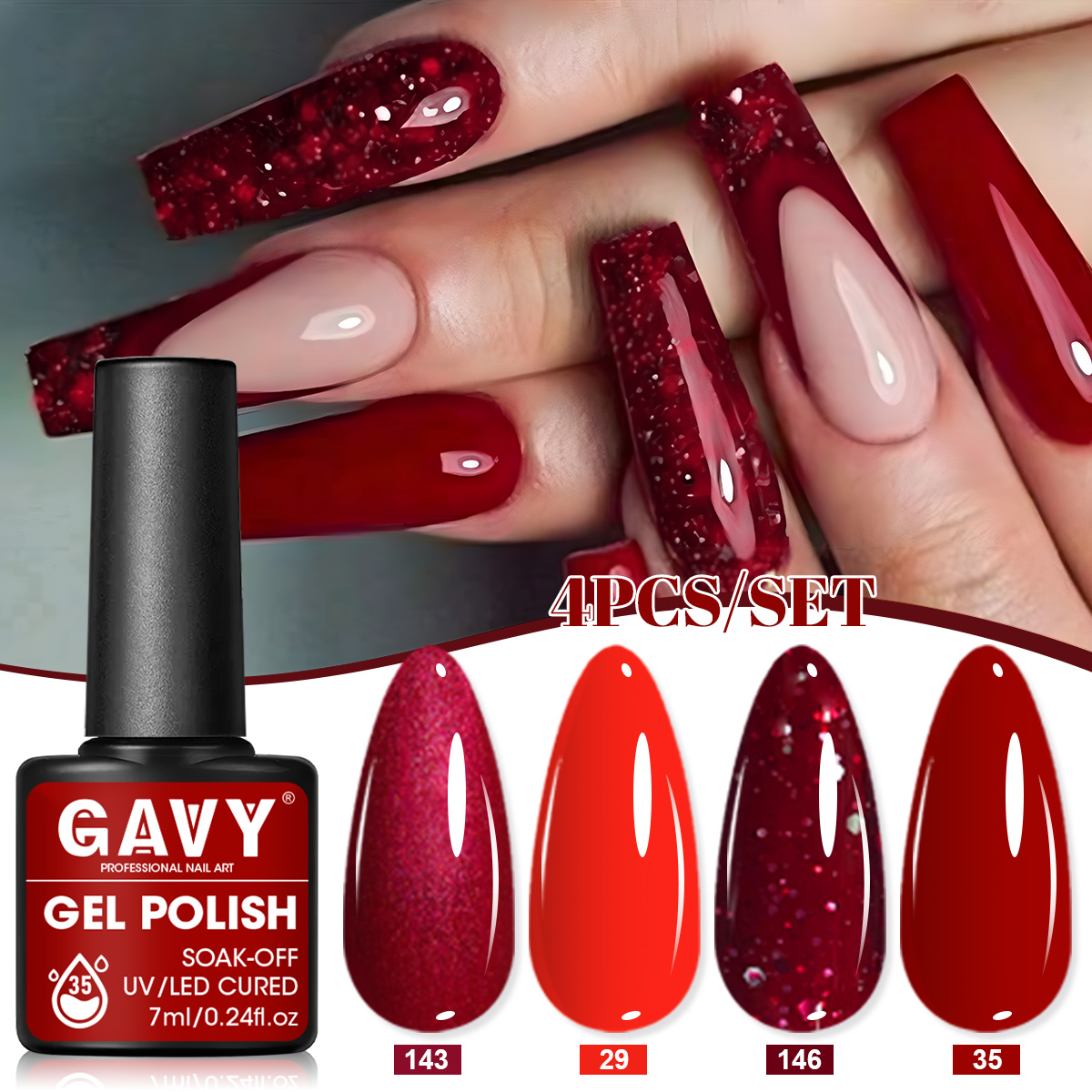 Nail Art Burgundy - 4Pcs Wine Red Solid Glitter Gel