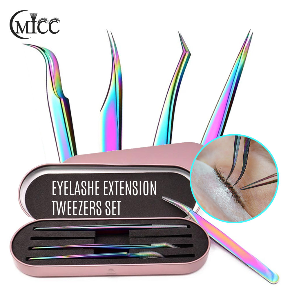 Nail Art Rainbow - 4Pcs Rainbow Eyelashes Tweezers Set Stainless