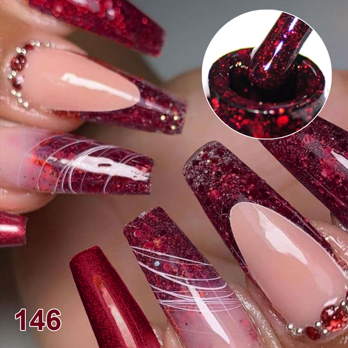 4Pcs Wine Red Solid Glitter Ge - Nail Art Burgundy ulasan dan harga