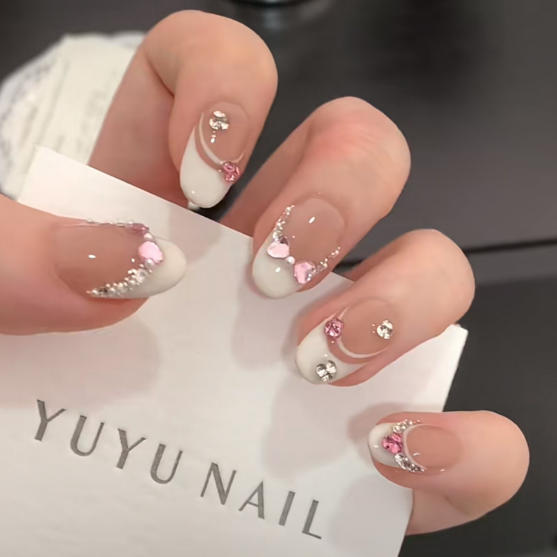 10Pcs White French Pink Heart  - Nail Art French Nails ulasan dan harga