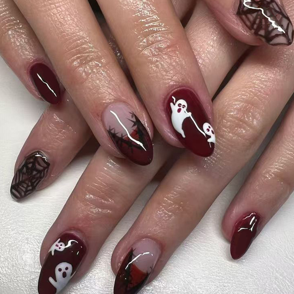24Pcs Halloween Press On Nails - Nail Art Burgundy ulasan dan harga