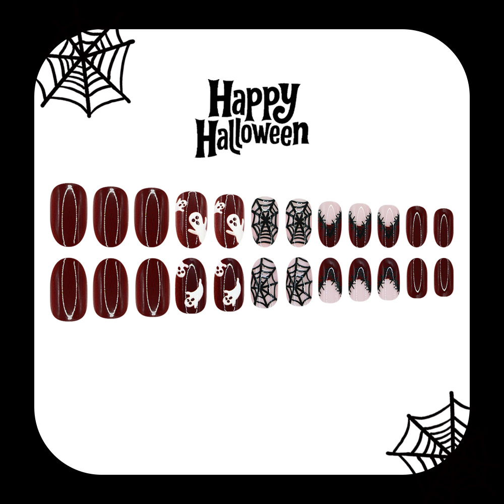 24Pcs Halloween Press On Nails - Nail Art Burgundy ulasan dan harga