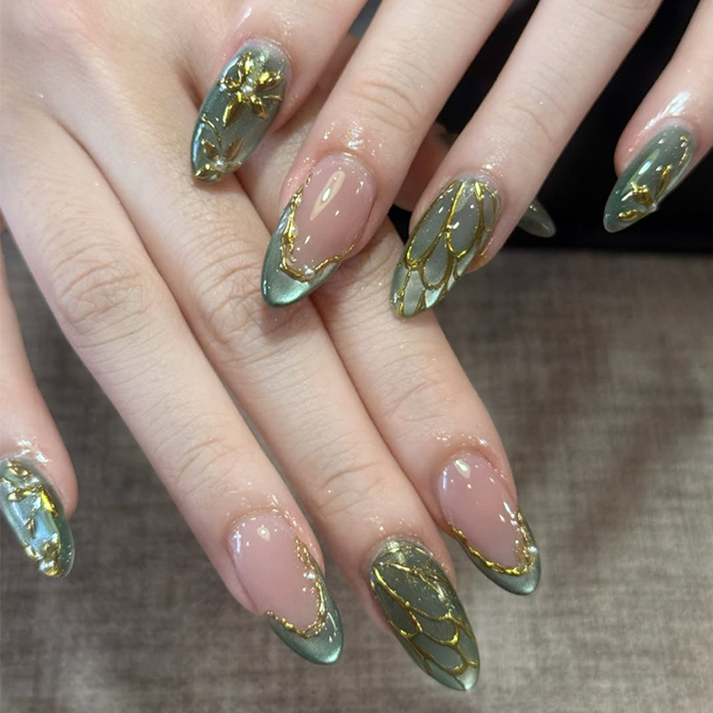 24pcs Green Cat Eye Fake Nails - Nail Art French Nails ulasan dan harga