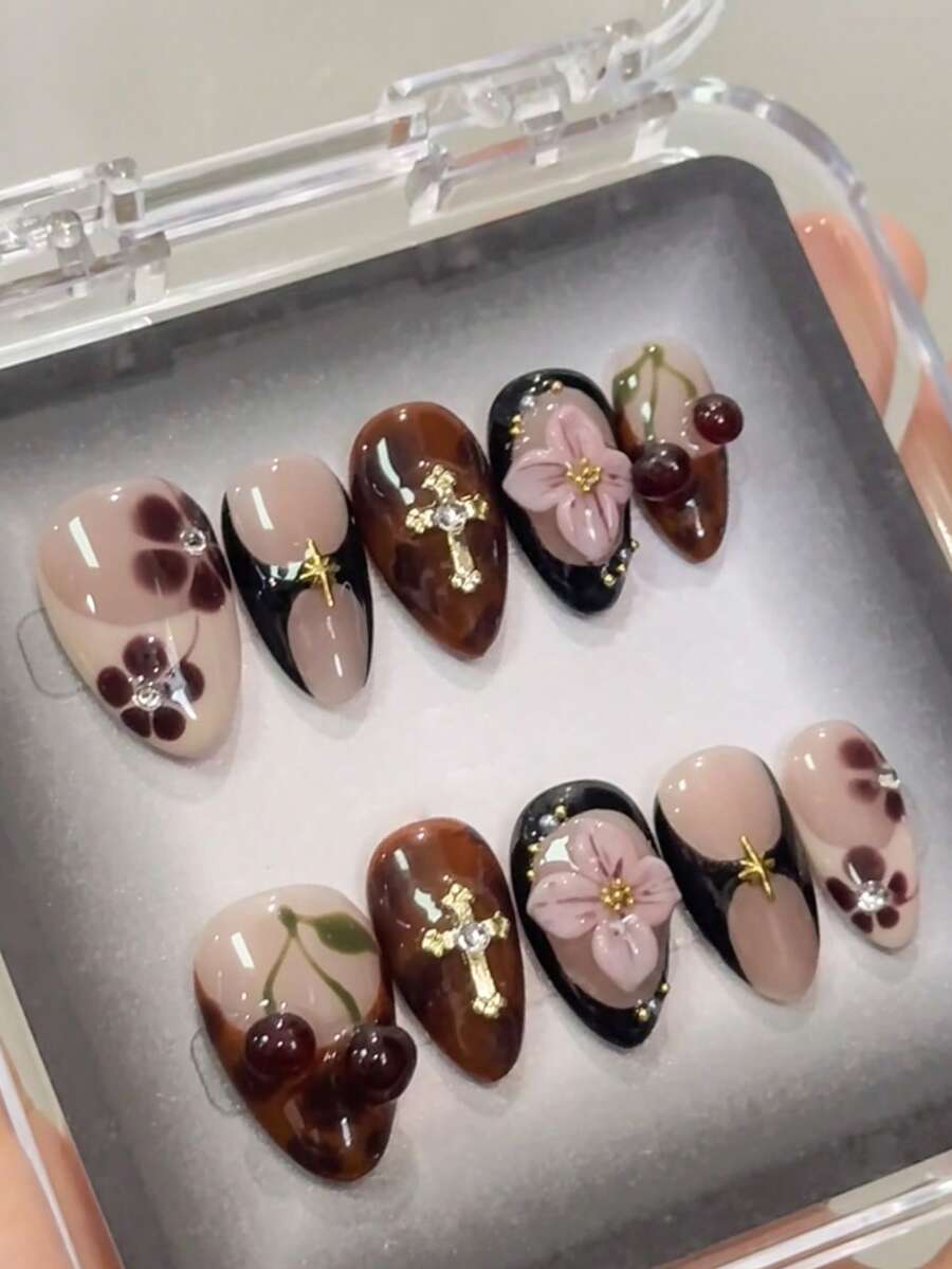 10pcs Retro Y2K Hand-Painted F - Nail Art Burgundy ulasan dan harga
