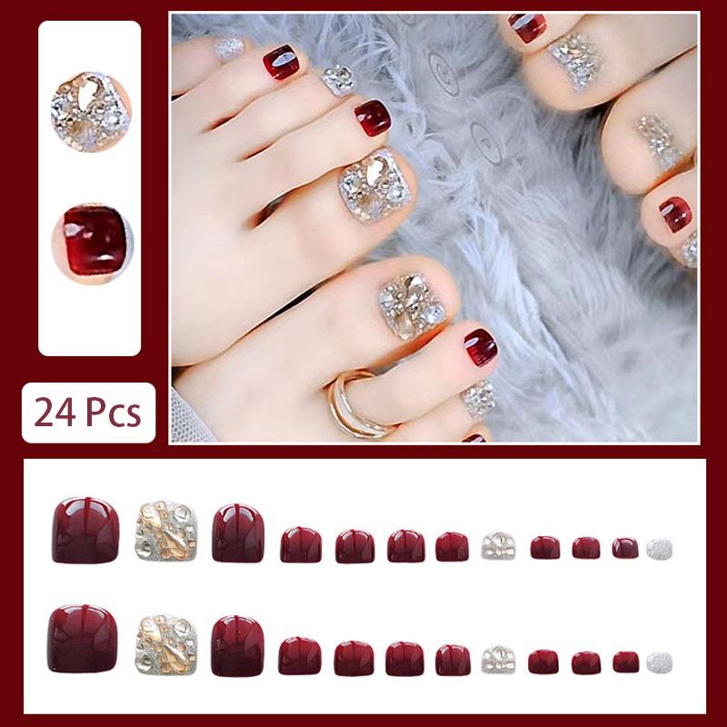 24pcs Girl Fake Toenails Burgu - Nail Art Burgundy ulasan dan harga