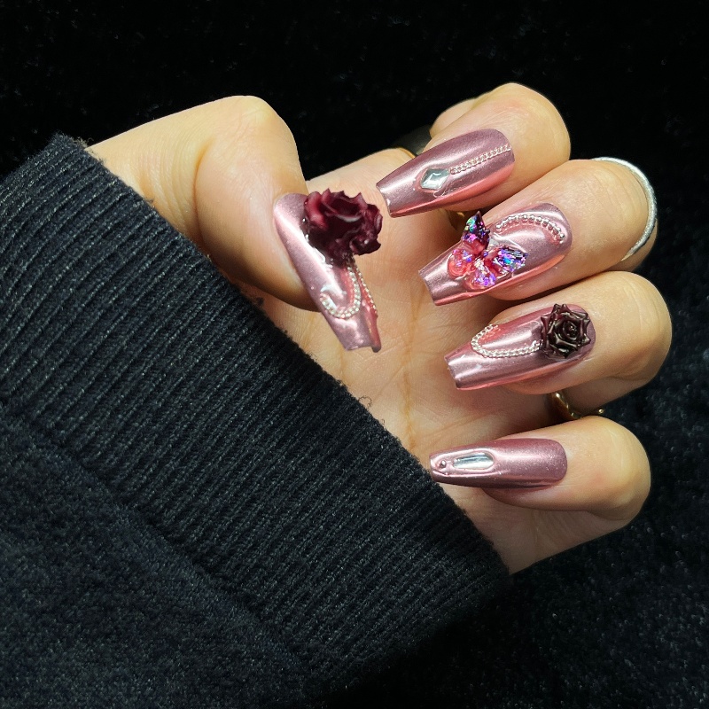 10PCS Rose Gold Press on Nails - Nail Art Burgundy ulasan dan harga