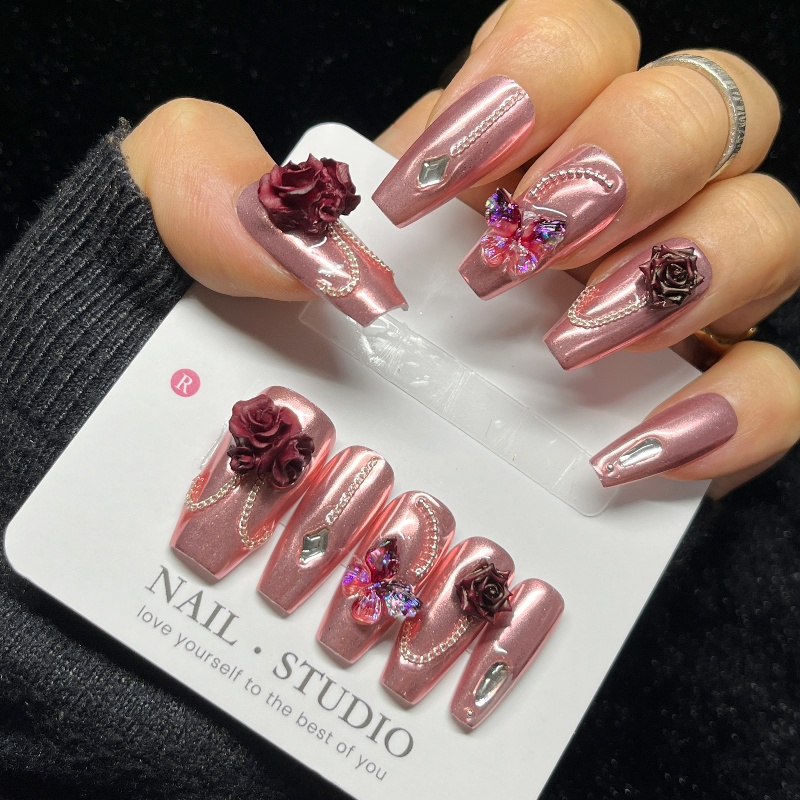 10PCS Rose Gold Press on Nails - Nail Art Burgundy ulasan dan harga