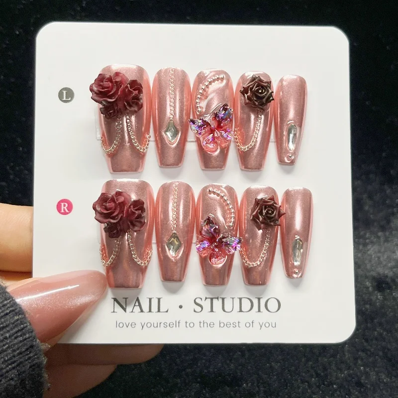 10PCS Rose Gold Press on Nails - Nail Art Burgundy ulasan dan harga